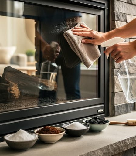 Close-up of hands spraying and wiping glass fireplace doors with a clear unbranded bottle of vinegar solution and a microfiber cloth; bowls of baking soda, coffee grounds, coarse salt, activated charcoal, and an old toothbrush on the hearth; softly lit cozy living room blurred behind; no visible text or logos.