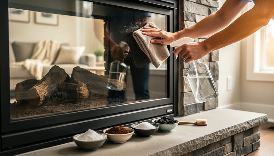 Close-up of hands spraying and wiping glass fireplace doors with a clear unbranded bottle of vinegar solution and a microfiber cloth; bowls of baking soda, coffee grounds, coarse salt, activated charcoal, and an old toothbrush on the hearth; softly lit cozy living room blurred behind; no visible text or logos.