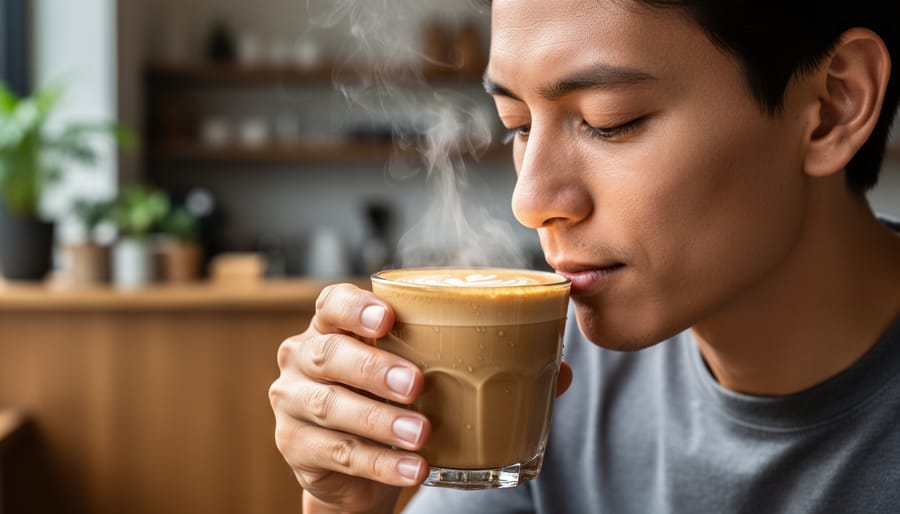 Person holding coffee mug close to face appreciating the aroma with eyes closed