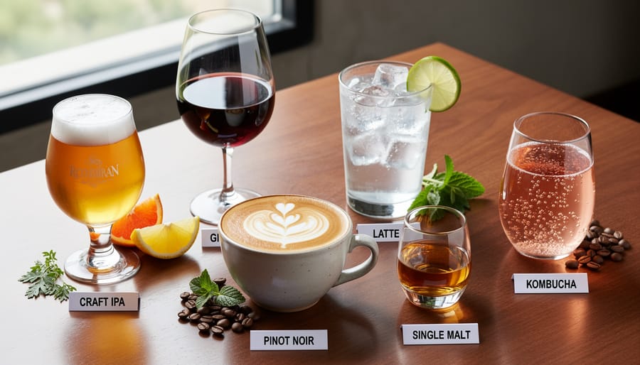 Three glasses of different artisan beverages on wooden table showing varying colors and textures