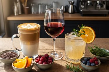 Three artisan beverages—a caramel latte, red wine, and a citrus cocktail—arranged on a rustic wooden table with small bowls of cocoa nibs, orange slices, berries, and herbs, softly lit with a blurred café counter and barista tools in the background.