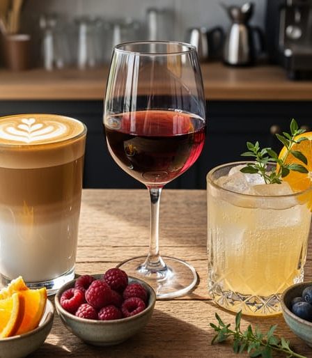 Three artisan beverages—a caramel latte, red wine, and a citrus cocktail—arranged on a rustic wooden table with small bowls of cocoa nibs, orange slices, berries, and herbs, softly lit with a blurred café counter and barista tools in the background.