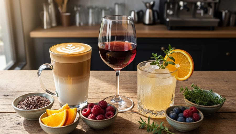 Three artisan beverages—a caramel latte, red wine, and a citrus cocktail—arranged on a rustic wooden table with small bowls of cocoa nibs, orange slices, berries, and herbs, softly lit with a blurred café counter and barista tools in the background.