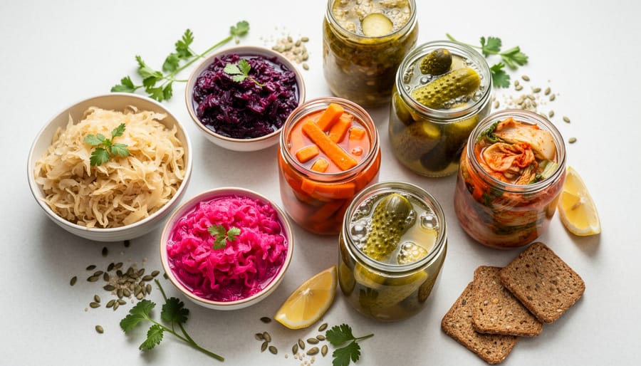 Assortment of fermented plant foods including sauerkraut, kimchi, miso, tempeh, and kombucha on a wooden board