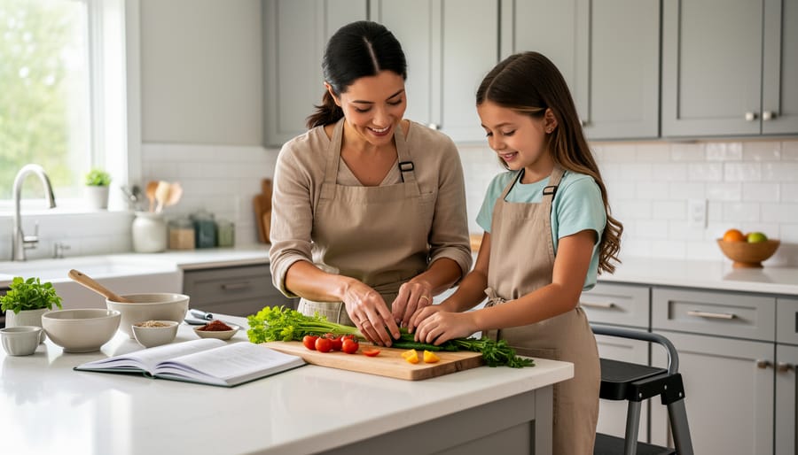 Child and parent mixing cookie dough together in an apron at a kitchen counter.