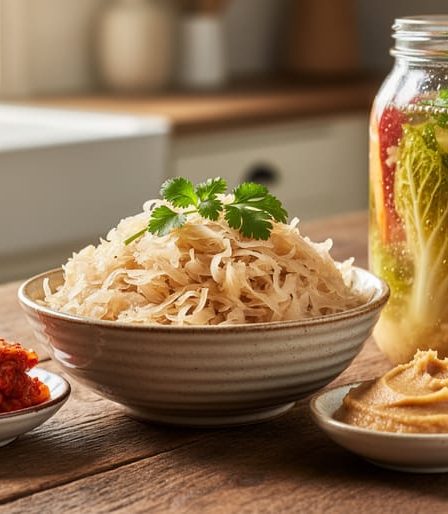 Close-up of sauerkraut and other fermented foods in bowls on a rustic wooden table with a fermentation jar in the background.