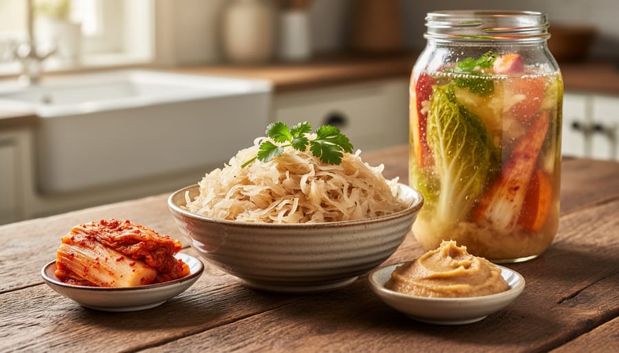 Close-up of sauerkraut and other fermented foods in bowls on a rustic wooden table with a fermentation jar in the background.