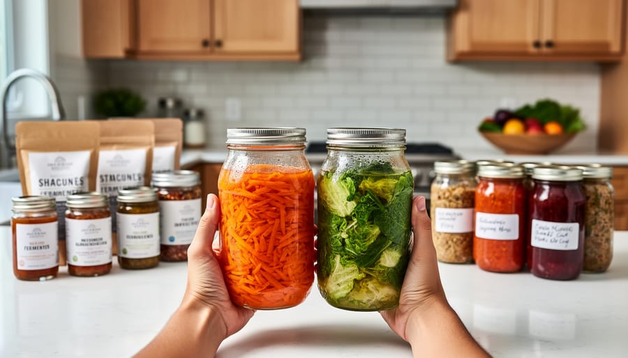 Hands holding two glass jars of fermented vegetables in a bright kitchen