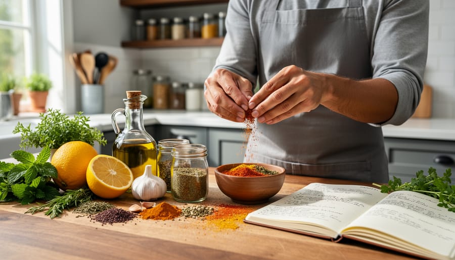 Overhead view of ingredients and tools for making flavored beverages at home including herbs and citrus