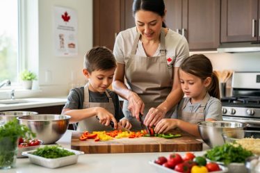 Chef-instructor guiding children chopping vegetables on a wooden prep board during a hands-on kids cooking class in a bright kitchen.