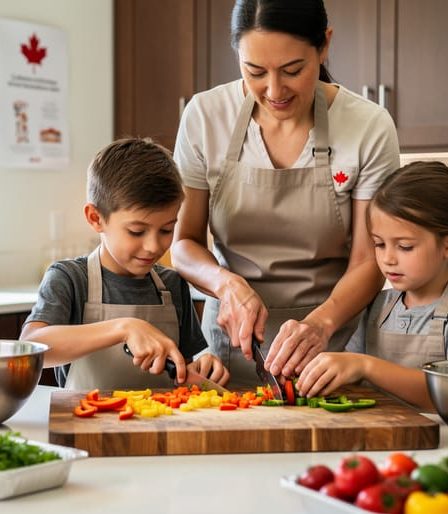 Chef-instructor guiding children chopping vegetables on a wooden prep board during a hands-on kids cooking class in a bright kitchen.