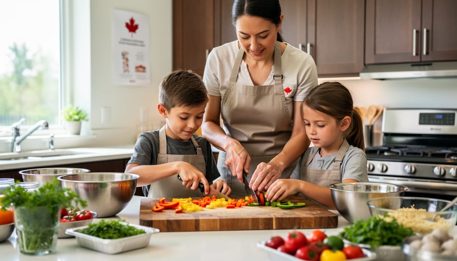 Chef-instructor guiding children chopping vegetables on a wooden prep board during a hands-on kids cooking class in a bright kitchen.