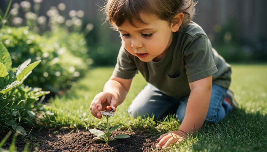 A child uses a magnifying glass to look closely at a ladybug on a leaf while an adult watches nearby.