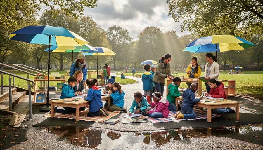 A family walking on a safe outdoor path in weather-appropriate clothing while supervising young children.