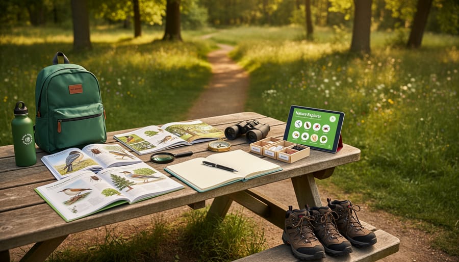 A nature learning kit on a blanket with a magnifying glass, nature journal, colored pencils, and small outdoor supplies.