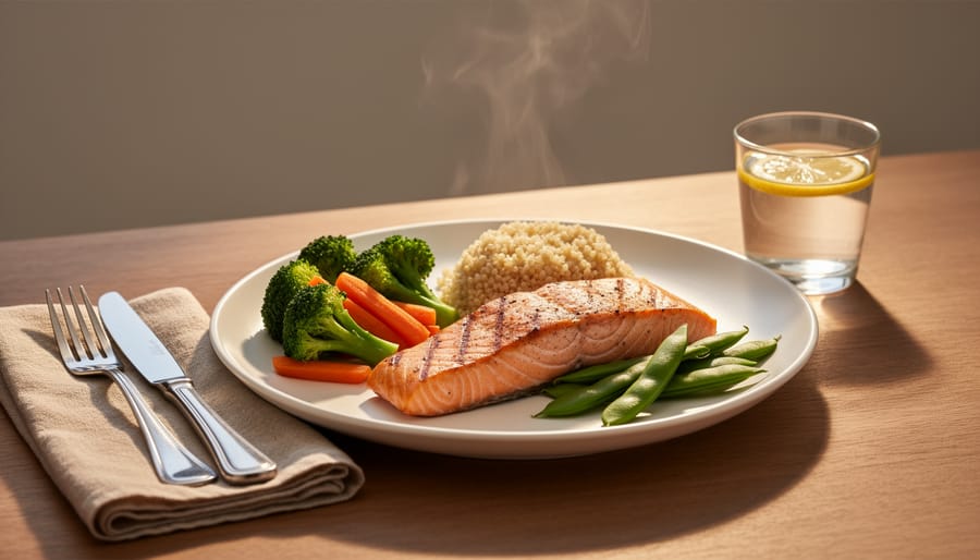 A portioned plated roasted dinner with vegetables and herbs in warm golden light on a dining table