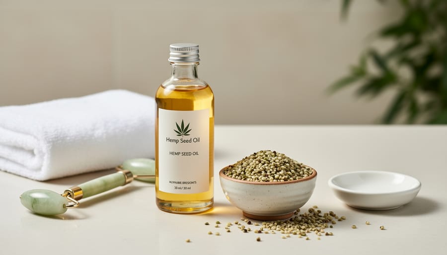 Amber bottle of hemp seed oil with a dropper and hemp seeds on a bathroom vanity.