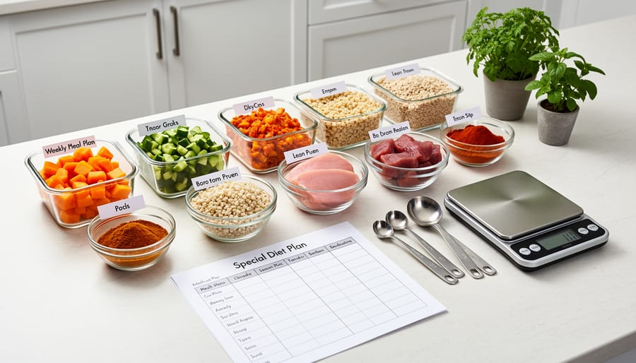 Assortment of prepared ingredients in glass containers and a sheet pan of roasted food on a kitchen counter.