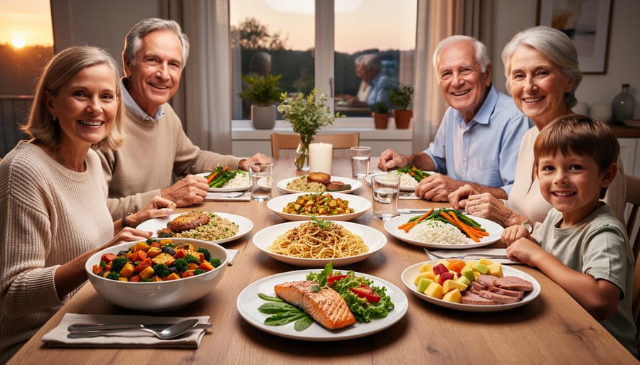 Family dinner table with multiple appetizing plates representing different dietary needs from the same meal.