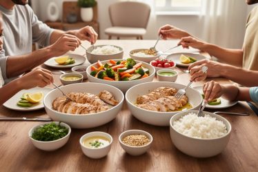 Family dinner table with grilled chicken, rice, and roasted vegetables as a shared base meal, with separate bowls of toppings and sauces for customizing dietary needs.