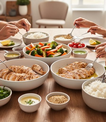 Family dinner table with grilled chicken, rice, and roasted vegetables as a shared base meal, with separate bowls of toppings and sauces for customizing dietary needs.