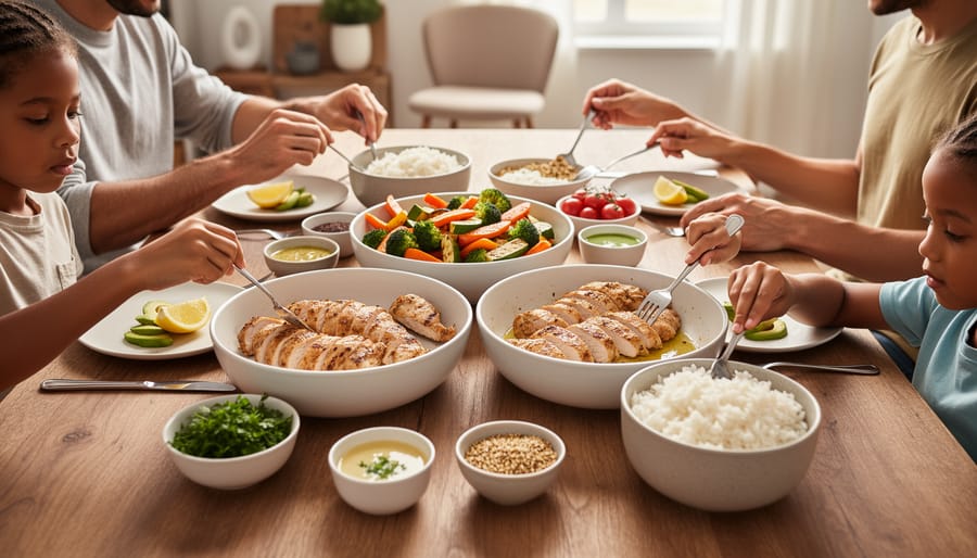 Family dinner table with grilled chicken, rice, and roasted vegetables as a shared base meal, with separate bowls of toppings and sauces for customizing dietary needs.
