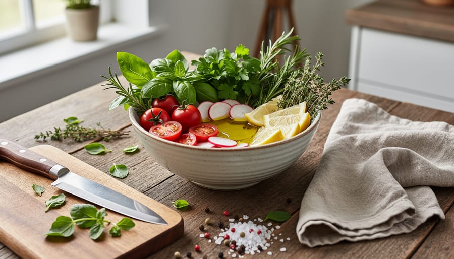 Hands tearing fresh herbs over a bowl of grains and seasonal vegetables on a wooden kitchen counter
