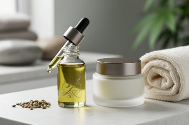 Close-up of hemp seed oil dropper bottle, hemp seeds, and moisturizer jar on a white stone countertop in soft natural light.