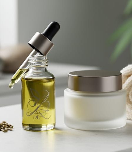 Close-up of hemp seed oil dropper bottle, hemp seeds, and moisturizer jar on a white stone countertop in soft natural light.