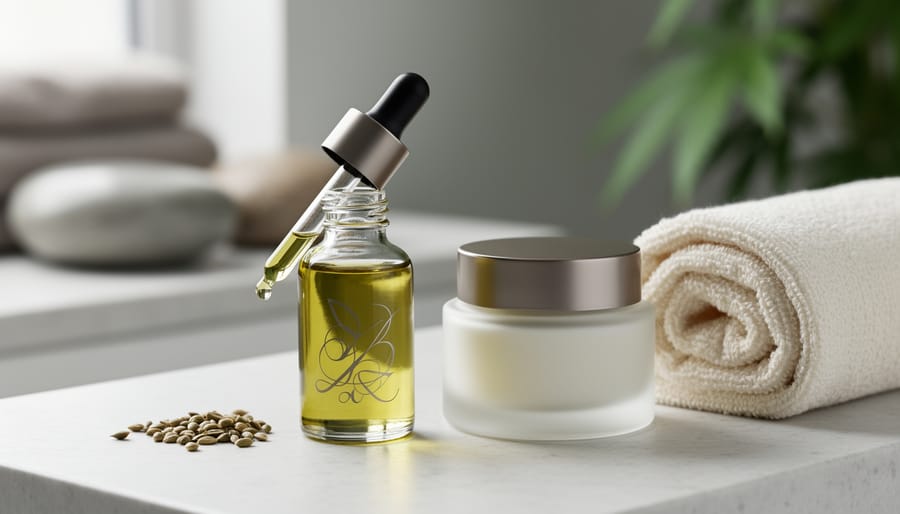 Close-up of hemp seed oil dropper bottle, hemp seeds, and moisturizer jar on a white stone countertop in soft natural light.