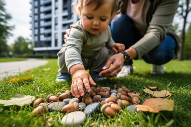 Parent and toddler crouched outdoors on grass, with acorns and pebbles in the foreground as the child explores natural materials.