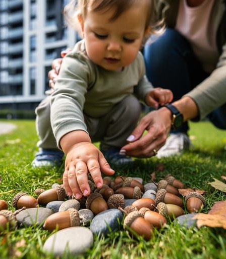 Parent and toddler crouched outdoors on grass, with acorns and pebbles in the foreground as the child explores natural materials.
