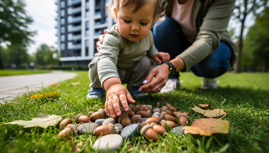 Parent and toddler crouched outdoors on grass, with acorns and pebbles in the foreground as the child explores natural materials.