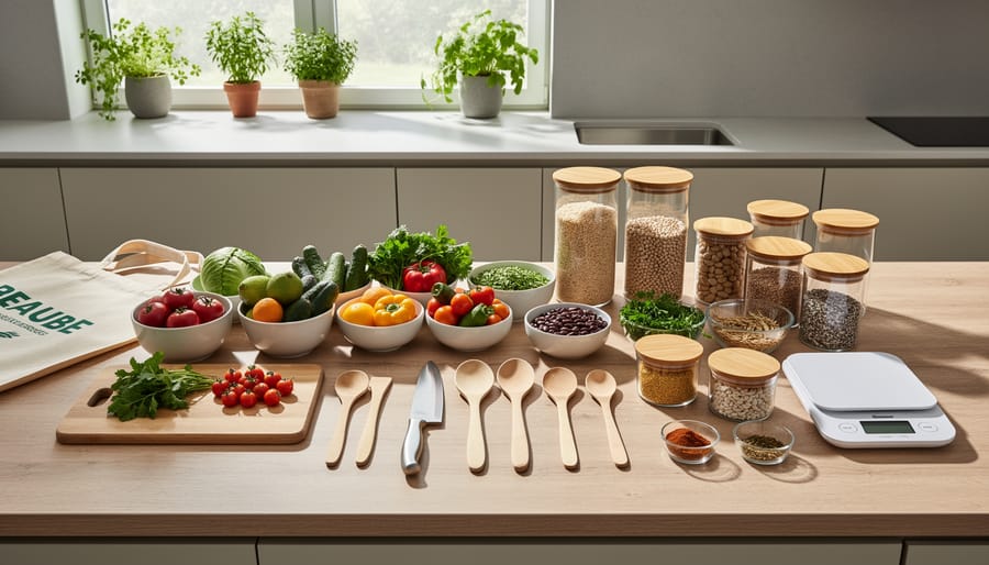 Kitchen counter scene with a chef’s knife, prep bowls, spices, and reusable glass containers for meal prep