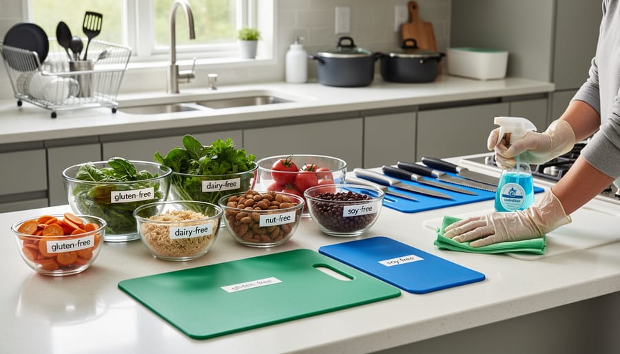 Kitchen prep station showing separate cutting boards, utensils, and cleaning supplies for preventing cross-contamination.