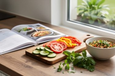 Fresh vegetables and herbs arranged on a cutting board in a calm kitchen setting for mindful cooking.