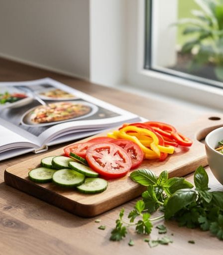 Fresh vegetables and herbs arranged on a cutting board in a calm kitchen setting for mindful cooking.