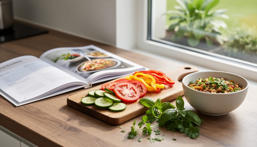 Fresh vegetables and herbs arranged on a cutting board in a calm kitchen setting for mindful cooking.