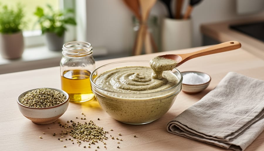 Overhead view of hemp skincare DIY ingredients in a glass bowl, jar, and measuring cups on a wooden countertop.