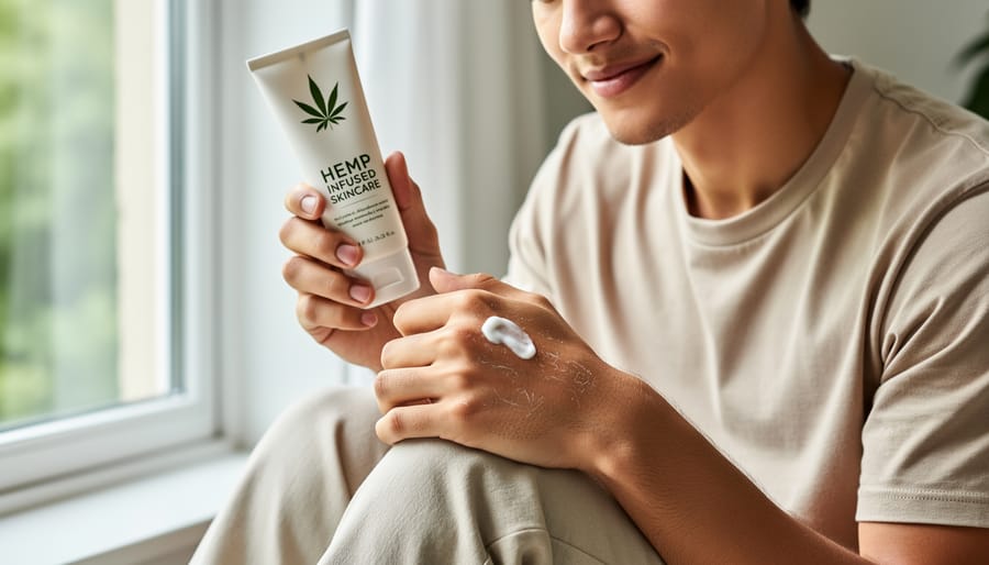 Person applying hemp-infused moisturizer to their face with hands in front of a mirror.
