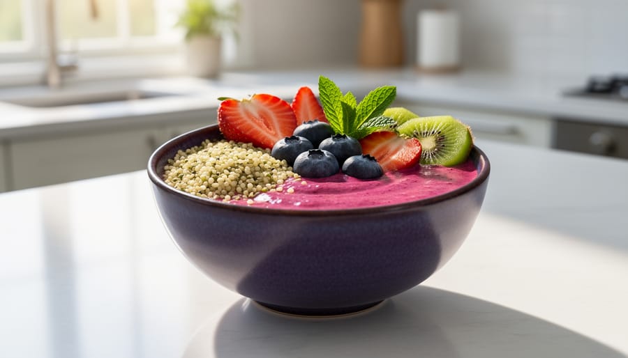 Top-down view of a hemp seed smoothie bowl with berries and banana slices.
