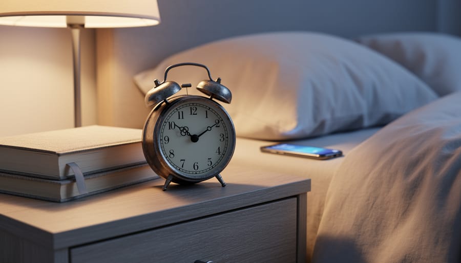 Bedside nightstand showing a physical alarm clock and a closed book with a phone charging out of reach.