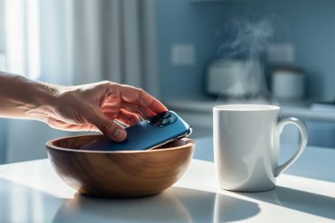 Person placing a smartphone face-down into a wooden bowl beside a mug in a bright kitchen, representing a phone-free digital detox plan.