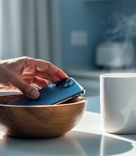 Person placing a smartphone face-down into a wooden bowl beside a mug in a bright kitchen, representing a phone-free digital detox plan.