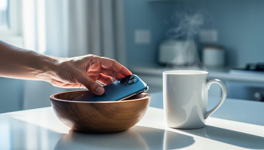 Person placing a smartphone face-down into a wooden bowl beside a mug in a bright kitchen, representing a phone-free digital detox plan.