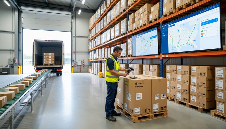 Warehouse loading dock with wrapped pallets and shipping boxes in an industrial setting