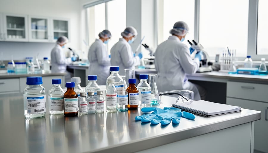 Laboratory bench with sample tubes, vials, pipettes, and a clipboard in sterile conditions