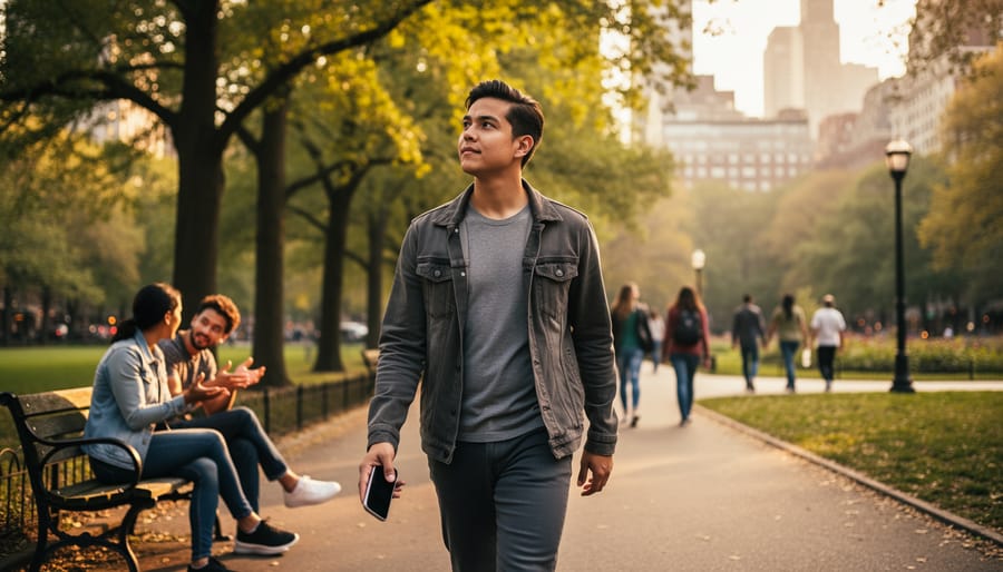 Person walking outdoors with a notebook and coffee while not using their phone.