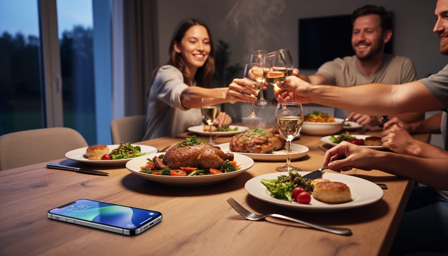 A phone placed face-down on a dining table while someone begins eating without using it.
