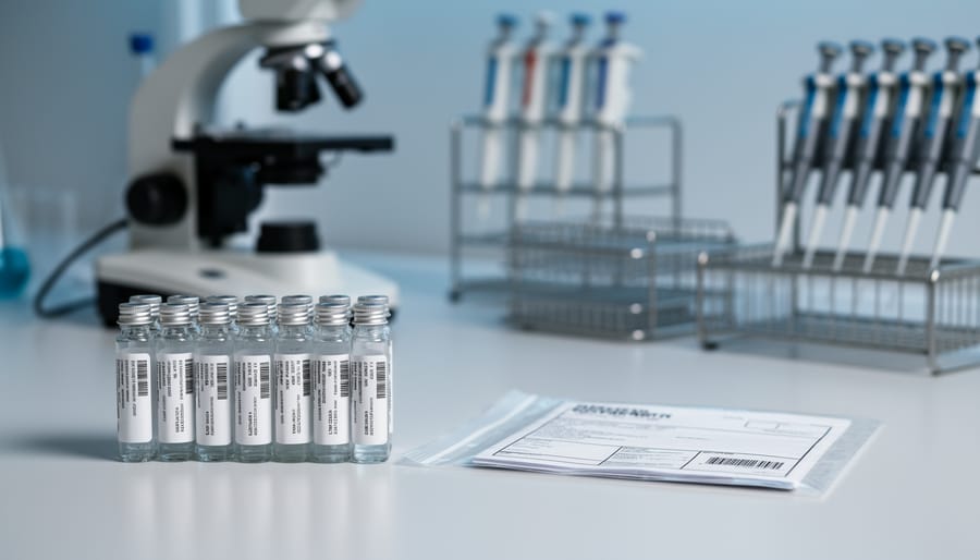 “Clean laboratory bench with glass research vials and a sealed document sleeve, with blurred lab equipment in the background”